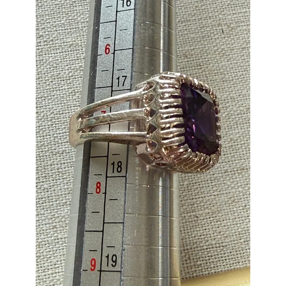 Vintage Style Purple Cushion Cut Cocktail Ring Silver Tone Split Shank Size 7